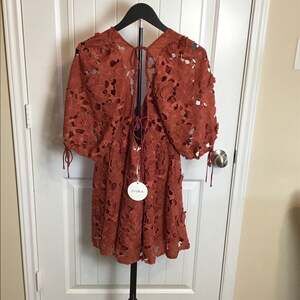 Storia Floral Crochet Eyelet Lace Mini Dress Rust Small boho Chic